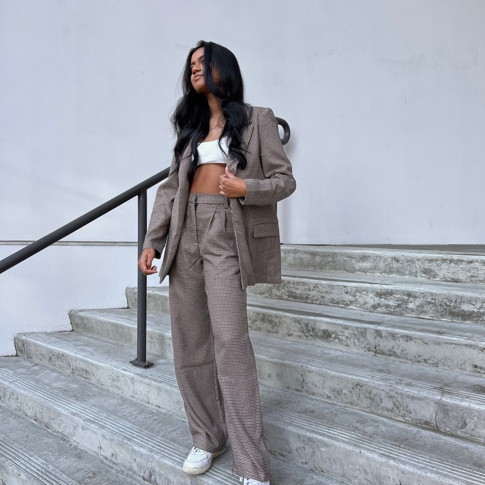 Women's Brown Plaid Pantsuit